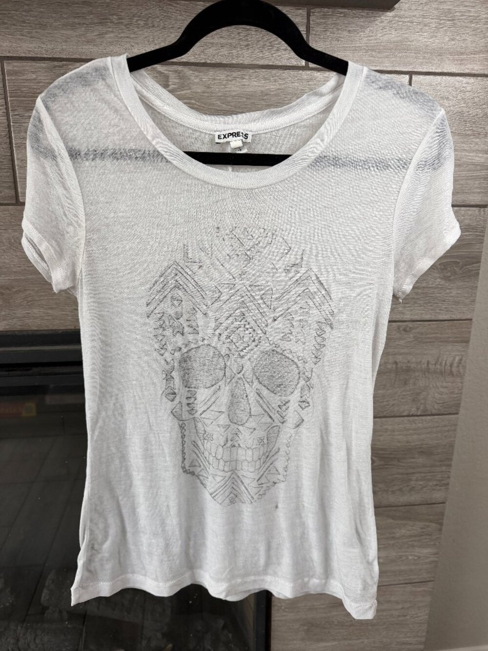 Express White Skull Graphic Semi-Sheer T-Shirt Women’s Size S